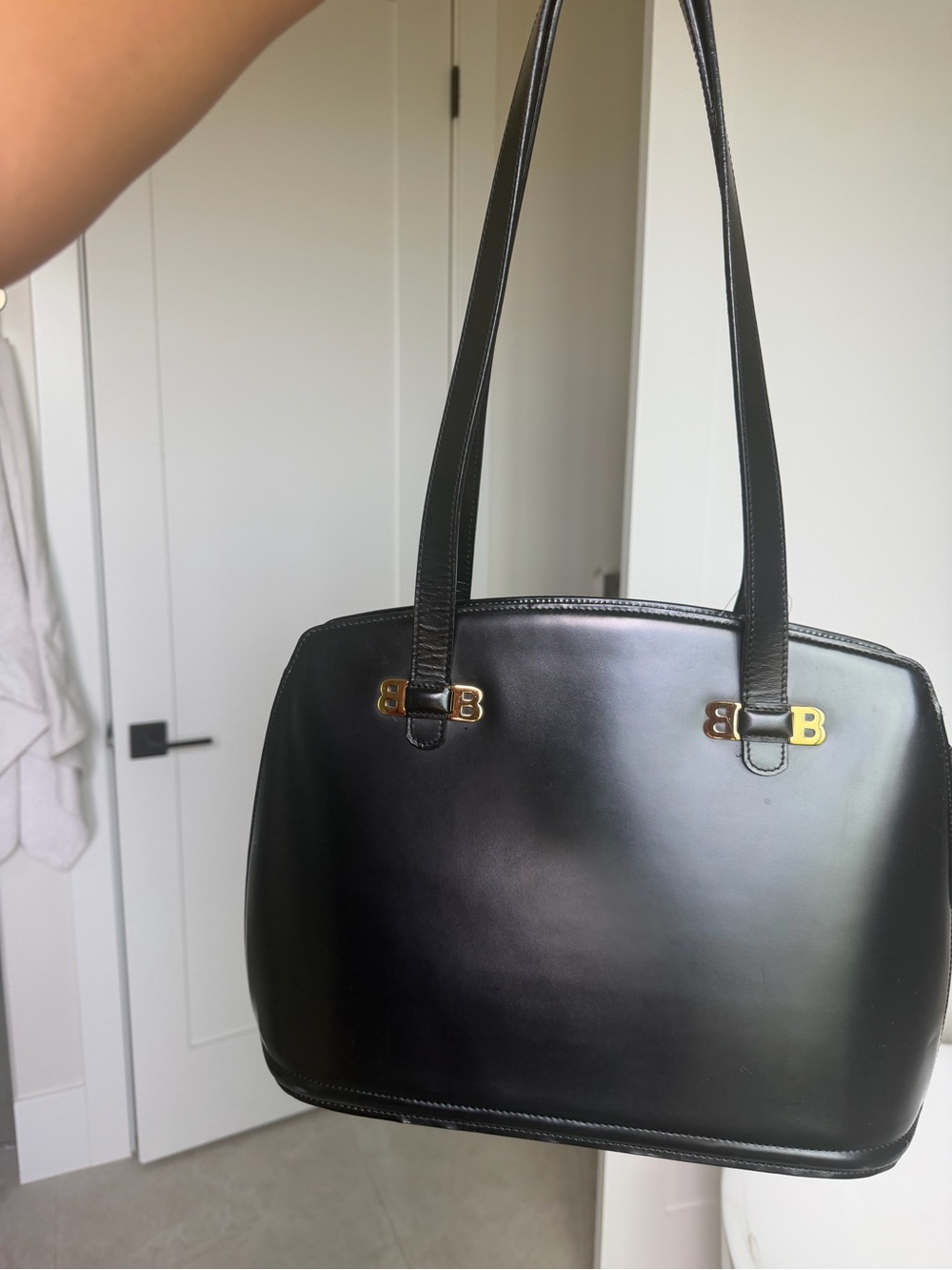 Bally Black Leather Tote with Gold B Hardware